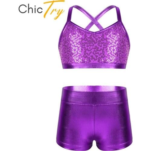 ChicTry Kids Teens Shiny Sequins Tankini Girls Spaghetti Strap Ballet Leotard Gymnastics Shorts Crop Top Set Stage Dance Costume