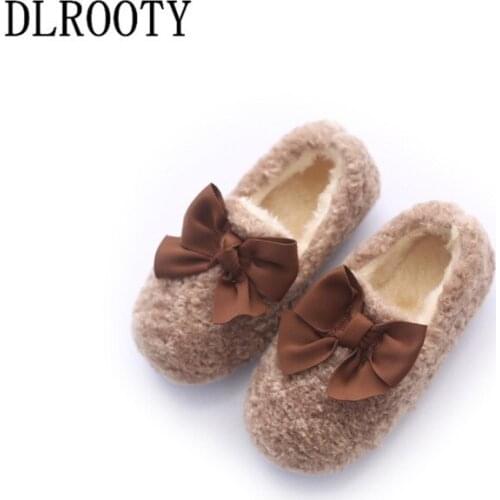 Winter Children Flat Shoes Warm Cute Loafers Shoes For Boy Girl Short Plush Baby Kid Bow-knot Fashion Thick Ankle Non-slip