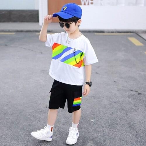 Kids boys summer cotton suit new rainbow printed short-sleeved T-shirt shorts big virgin suit 4-12 years old