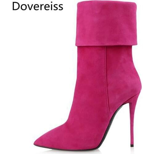 Dovereiss Fashion Womens Shoes Winter concise suede Pure color Rose red new sexy Stilettos heels Short boots 35-43