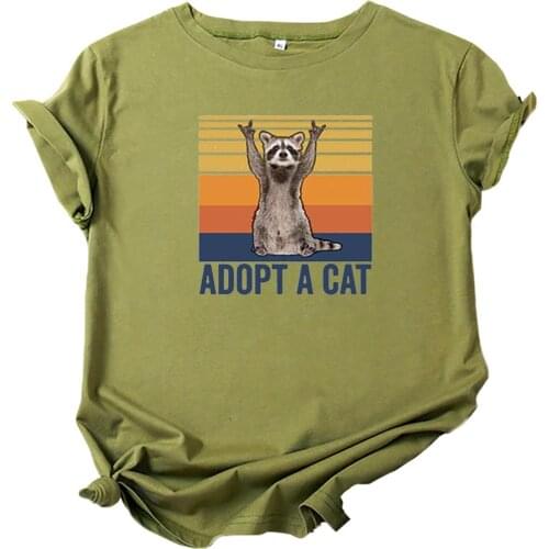 Mikialong Adopt A Cat T Shirt Women Cartoon Raccoon Graphic Tee Women Cotton Short Sleeve Femme T-shirts Casual Camisetas Mujer