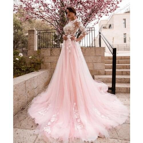 GY Plus Size Beach Wedding Gown Pink Boho Wedding Dress 3D Flowers Lace Appliques Pink Tulle Bridal Gown