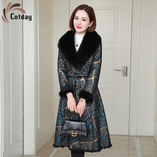 Cotday Fur Collar No Hair Off Printing In One Long Winter Warm Belt 2020 Promotion Loose Office Style Lady Mother Wear Fur Coat