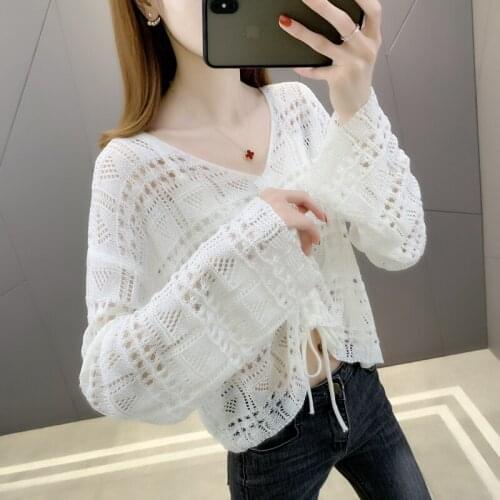 Room 201264 on 3 row 2 】 to film sets v-neck pure color hollow out draw string knit 28