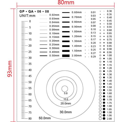 GPQA Film Ruler High Transparent PET Point Gauge Card Calibration Ruler for Area Line Width Circle Diameter Comparing