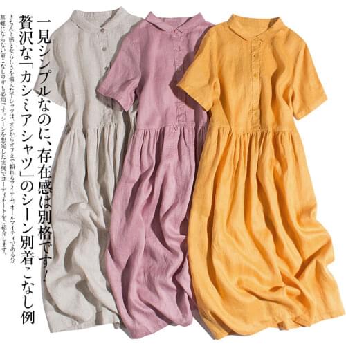 Summer Women Simple Loose Cute Mori Girls Japan Style Comfortable French 17*21 Water Washed Linen Shirt Dresses W/h Side Pockets