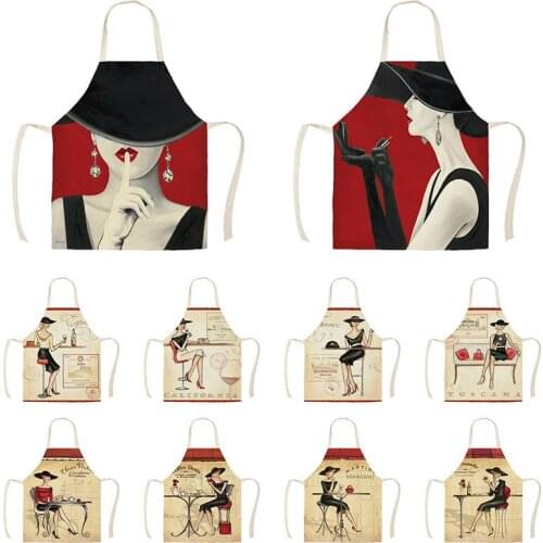 Linen Fashion Woman Print Kitchen Aprons Unisex Dinner Party Cooking Bib Funny Pinafore Cleaning Apron