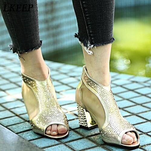 Fashion Women Sandals 7cm High Heels Bling Diamond Wedding Shoes Summer Square Heel Women Shoes Leather Sandalia Mujer