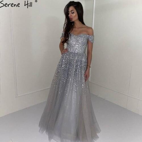 Serene Hill Grey Luxury A-Line Evening Dresses Gowns 2021 Beaded Bling Sexy For Women Wedding Party LA71188
