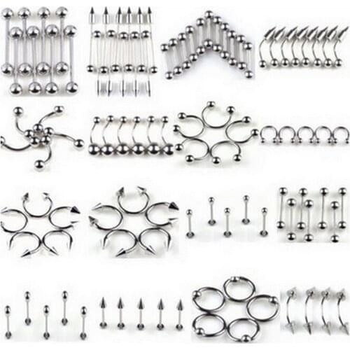 60/85Piece Multi-type Stainless Steel Curved Eyebrow Nose Lip Earrings Nipple Piercings Punk Unisex Body Piercing