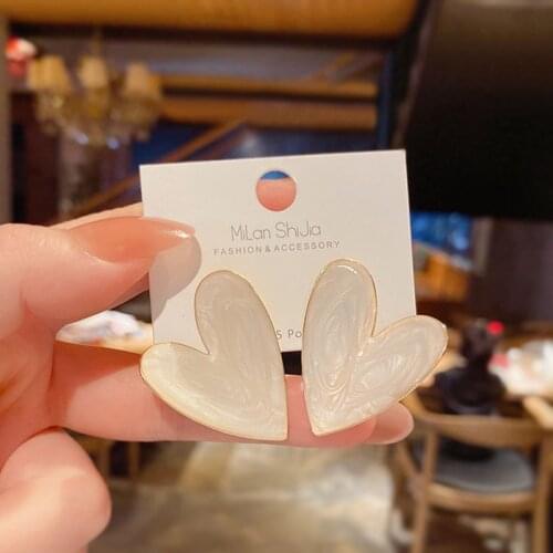 White Color Big Heart Stud Earrings for Women Girl Korean Love Drop Glaze Aesthetic Daily Life Minimalist Jewelry Piercing Ear