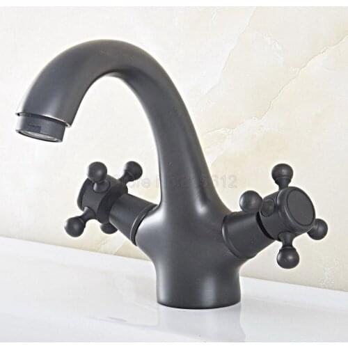 Deck Mounted Basin Faucet Dual Handle Bathroom Black Oil Rubbed Bronze Finished Sink Faucets Hot and Cold Water Mixer Tap tsf824