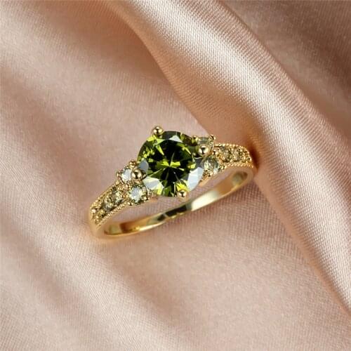 Creative Olive Green Zircon Round Stone Ring Vintage Yellow Gold Birthstone Rings For Women Wedding Jewelry Female Birthday Gift