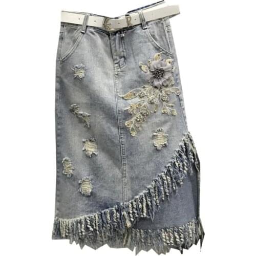 Irregular tassel denim skirt women summer new fashion high waist hole embroidered flower beading jeans skirt a-line