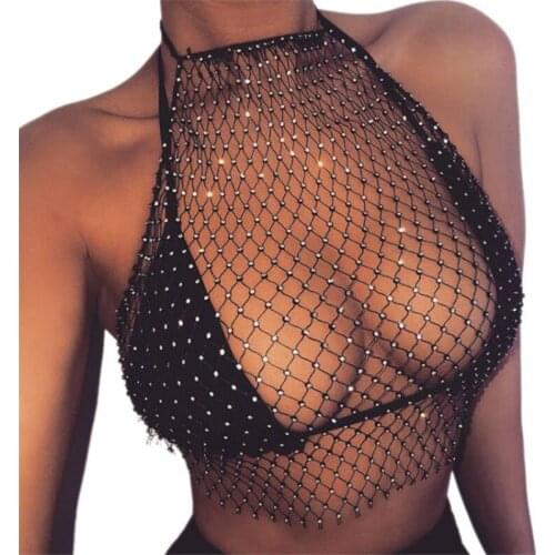 Women Summer Fishnet Beachwear See Through Fishnet Bikini Cover Ups Adults Tie-up Hollow Out Rhinestone Halter Tank Tops Skirts