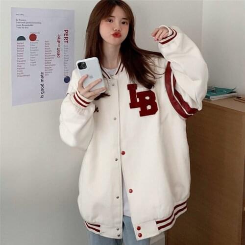 Women Autumn Warm Oversized Baseball Jackets Classic Striped Long Sleeve Single-Breasted Letter Embroidery Hip Hop Coat
