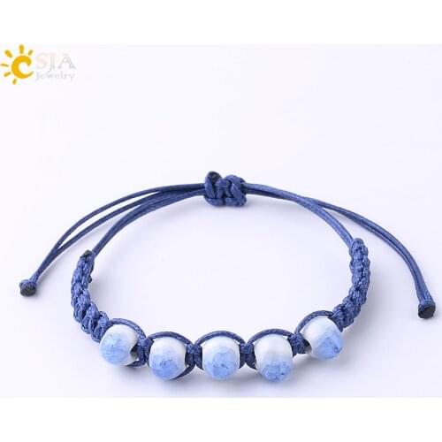 CSJA Bohemia Ceramic Bracelet for Women Coloful Beads Diy Hanwoven Amulet Jewelry White Blue Rope Chain Adjustable Bangle F594