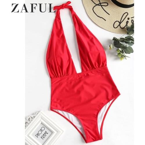 ZAFUL One Piece Bikini Solid Swimwear Plunge Neck Ruffle Swimsuit Women Summer Wire Free Monokinis Beachwear Ladies Bathing Suit