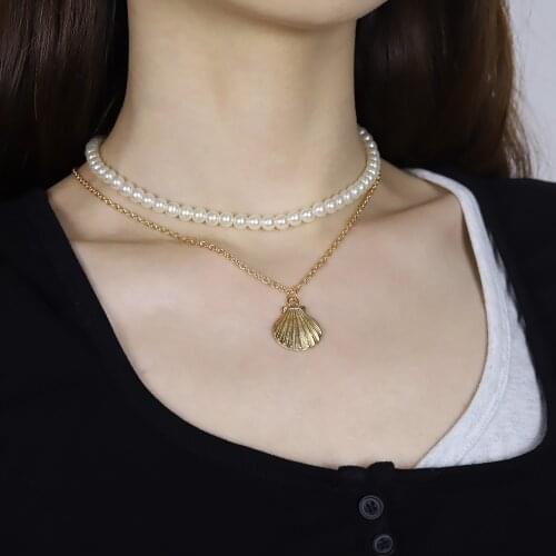 Fashion Personality Scallop Handmade Beaded Necklace Feminine Temperament Pearl Shell Double Set Choker Necklace Gift Wholesale