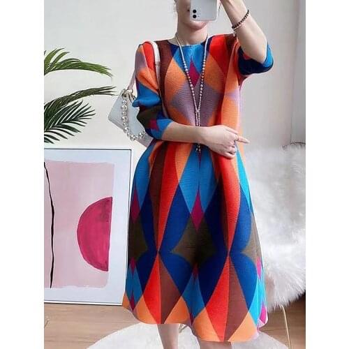 Miyake Pleated Print Dress Autumn 2021 New Loose And Thin Temperament Vestidos In Stock Red, Blue And Orange