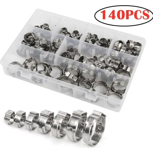 140PCS 5.8-21mm 304 Stainless Steel Single Ear Hose Clamps Assortment Kit