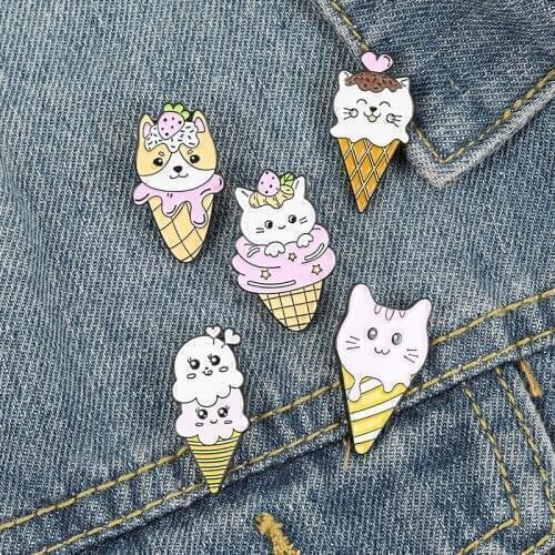 Ice cream Strawberry cone Cute Cat Brooches Jewelry Women Badges Cartoon Enamel Lapel Pins Gifts For Friends