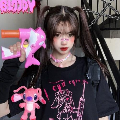 Streetwear Harajuku Womens Summer Punk Gothic T-shirts Diablo Womens Short Sleeve Korea Cartoon Vintage Women Black Tees Tops