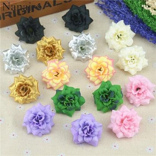 50Pcs 4.5cm Gold Handmade Mini Artificial Silk Rose Flowers Heads DIY Scrapbooking Garland Fake Flower For Wedding Decorative