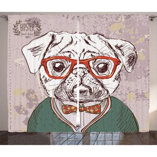 Hipster Dog Curtains Funny Pug Puppy Portrait Print Satin Fabric Drapes for Living Room Bedroom 2 Panel Window Set