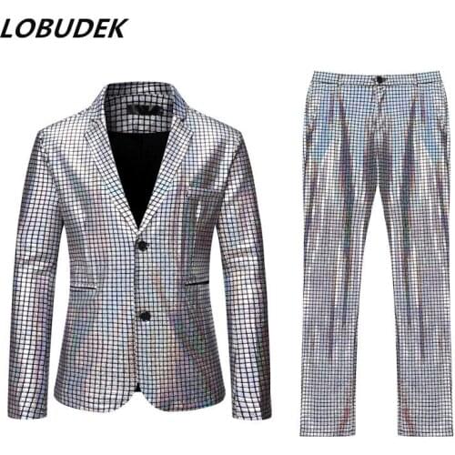 Bar Nightclub Male Singer Hip Hop Suits Silver Gold Plaid Stripes Blazers Pants 2-Pieces Set Magician Stage Performance Outfits