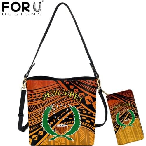 FORUDESIGNS Fashion Women PU Leather Bucket Bag And Purse Set Pohnpei Polynesian Tribal Pattern Print Lady Casual Messenger Sac