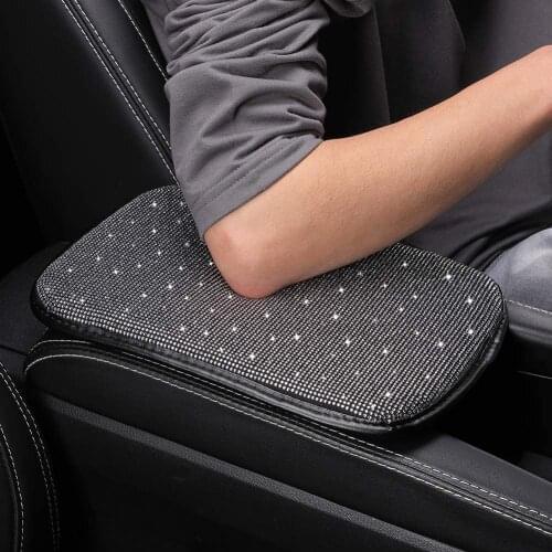 Women Fashion Bling Armrest Cover for Car, Soft Velvet & Diamonds Design Glitter Rhinestone Auto Center Console Cover Pad, Silve