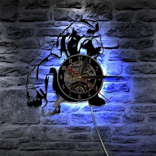 English Bulldog British Dog Breed Vinyl Record Wall Clock With Color Change Pet Puppy Pug Dog Wall Watch LED Night Light