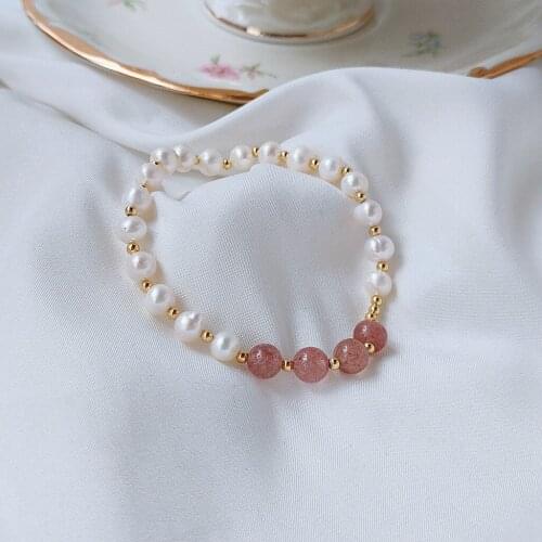 Natural Freshwater Pearl Strawberry Crystal Elastic Thread Adjustable Fashion Jewelry Bridesmaid Gift Gift for Mom Fine Jewelry