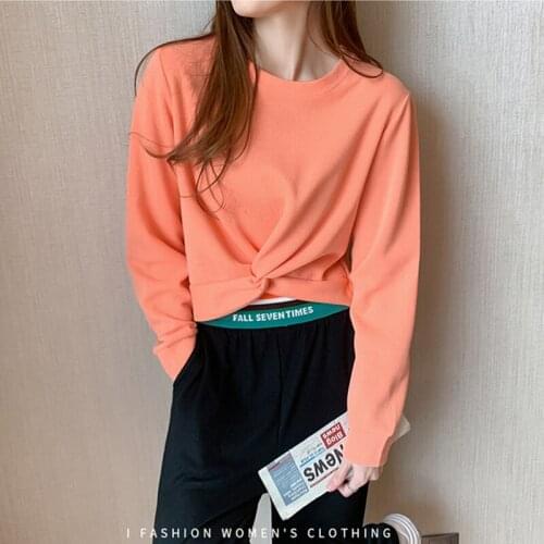 New Korean Fashion Solid Womens Crop Tops Orange Blouses Casual Wearing 2021 Autumn Full Sleeve O-Neck Soft Mujer Female Blusas