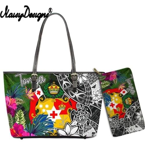 NOISYDESIGNS Luxury Pu Zipper Large Handbag for Lady Tonga Flag Tropical Leaves Womens Fashion Casual Shoulder Bag Wallet Set