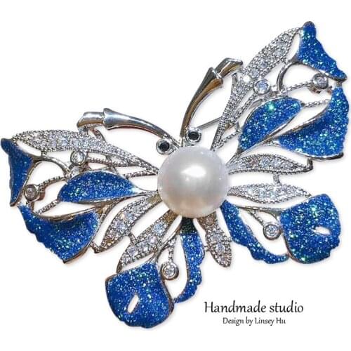 CCijiNG 2019 Women Blue Butterfly Brooches Real Pearl Elegant Animal Lapel Pins Best Jewelry Personality Female XZ0004