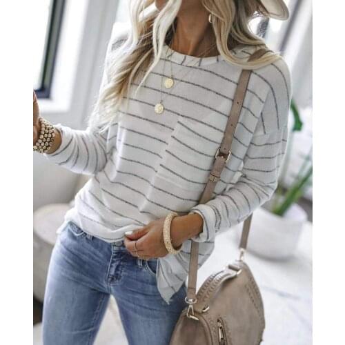 Women Stripe Print Long Sleeve Pocket T-shirt Top Spring Autumn New Casual Loose O-neck Pullover Tee Female Korean Clothes Mujer
