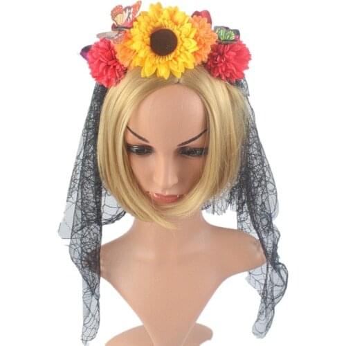 Female Mesh Dead Daisy Headband Bride Veil Ornament Dress Costume Halloween Accessories Women Party Sunflower Crown Hairbands