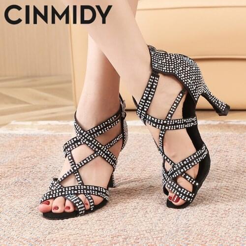 CINMIDY Soft Sole Woman Latin Dance Shoes Rumba Samba Ballroom Party Ladies Sandals Shiny Rhinestone Wedding High Heels 5CM-10CM