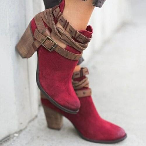2021 New Women Boots Spring Autumn High Heels Shoes Female Rivet Buckle Daily Shoes Short Boots PU Leather Ankle Boots