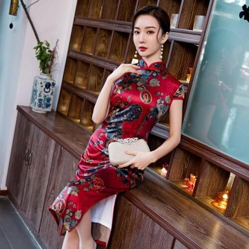 WomenS Long Double Cheongsam Daily Slim Dress Retro Short Sleeved Standing Collar Qipao Imitation Of Gambiered Canton Gauze