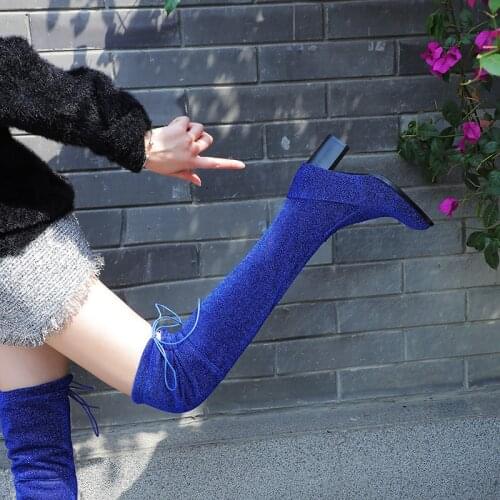 YMECHIC 2019 Fashion Stretch Slim Over The Knee Thigh High Boots Blue Black Red Side Zipper Top Lace Up Ride Boots Shoes Winter