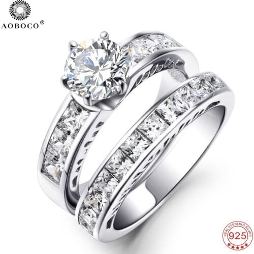 Eings Women High Quality 100% Real 925 Sterling Silver 2 in 1 Engagement Wedding Rings for Women Gifts Silver Jewelry GNJ8866-15