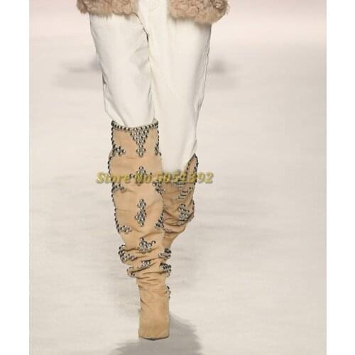 Spike Heel River Handmade Boots Sexy Pointed Toe Slip On Patchwork Women Runway Dress Boots Over The Knee Studded Fashion Winter