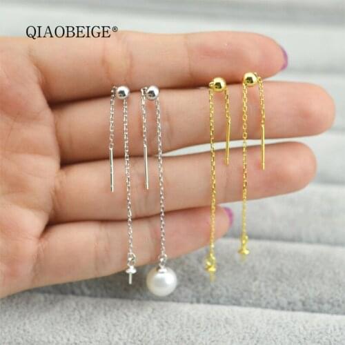 QIAOBEIGE 925 Sterling Silver Stud Earring Accessory two Tassels Design Women Silver pearl Jewelry, adjusting silica gel ball