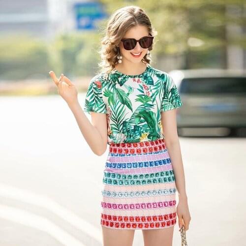 QUALITY New HIGH Fashion 2021 Runway Suit Set Womens Short Sleeve Leaves Print T-shirt Mini Skirt Set