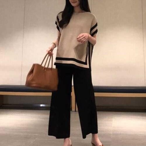2021 New Women Sweater Pants Set Tracksuit Summer O Neck Hit Color Striped Knitted Thin Loose Pullovers + Wide Leg Trouser Suits