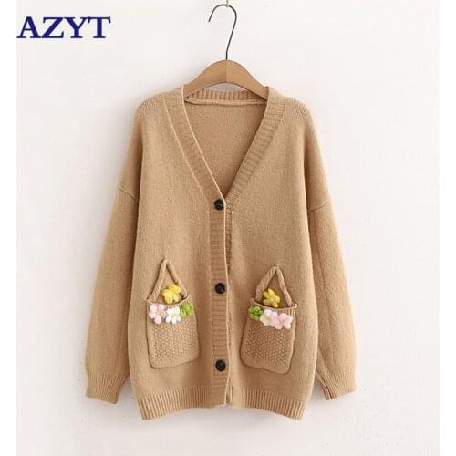 AZYT Autumn Winter Knitted Cardigan Female Jacket 2021 New 3D Floral Women Sweater Jacket Loose V Neck Knitwear Pull Femme