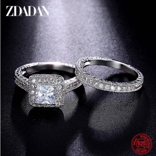 ZDADAN 925 Sterling Silver 6MM Zircon Ring For Woman Charm 2 Pcs Finger Ring Jewelry Accessories Wholesale